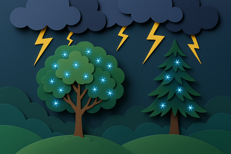 Tree tops sparkle with electricity during thunderstorms