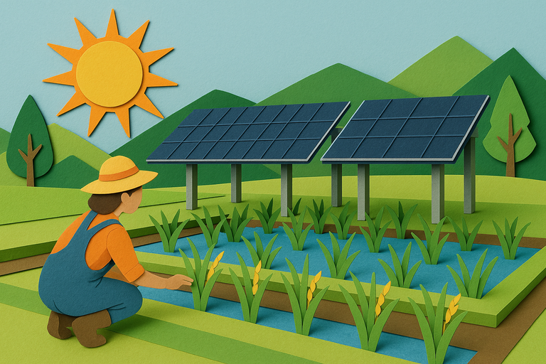 Solar panels above rice paddies generate power while preserving crop yields